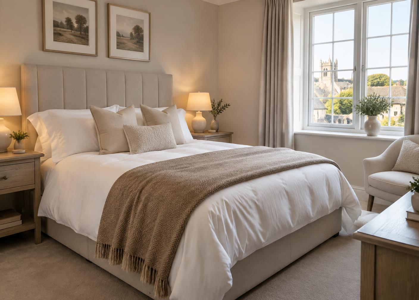 A calm, professionally prepared guest bedroom